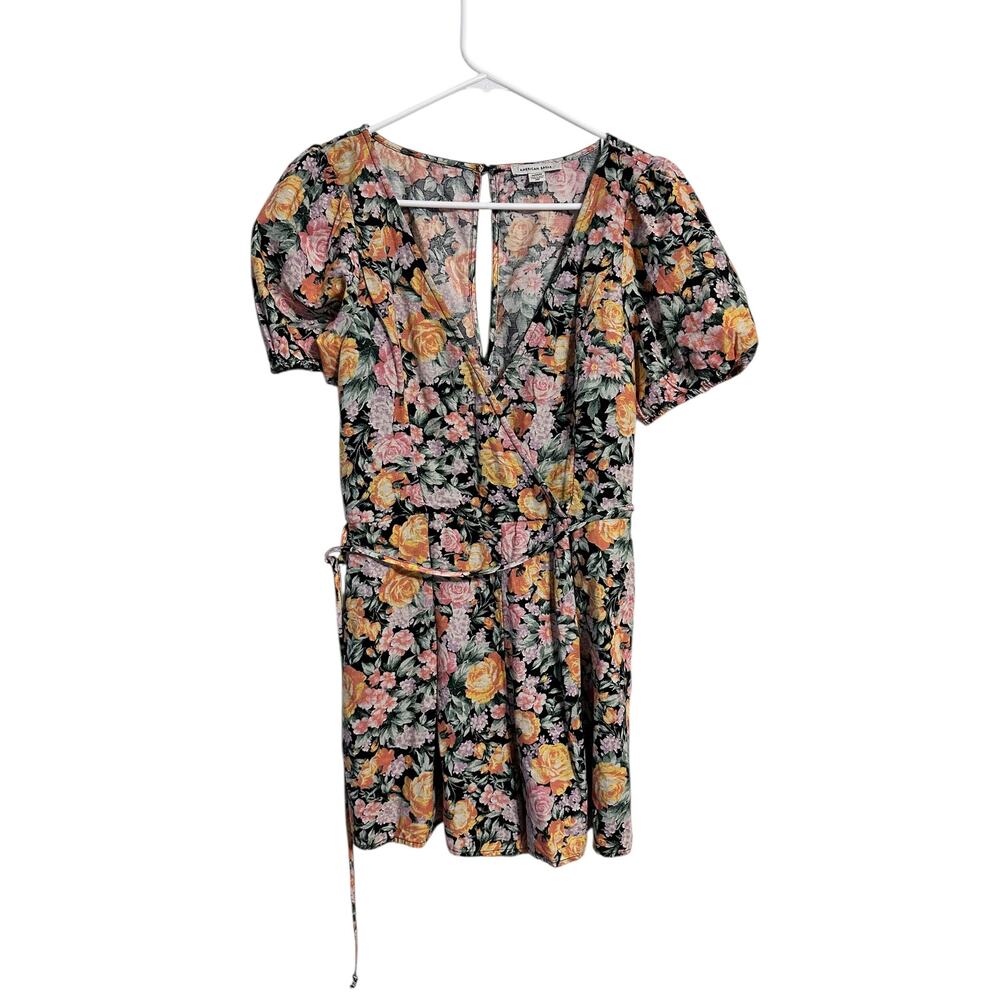 American Eagle Yellow and Black Floral Romper Size Medium Short Sleeve